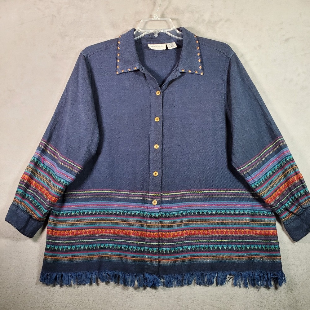 Lemon Grass Shirt Women 2X Blue Embroidered Fringe‎ Southwest Button Jacket Boho